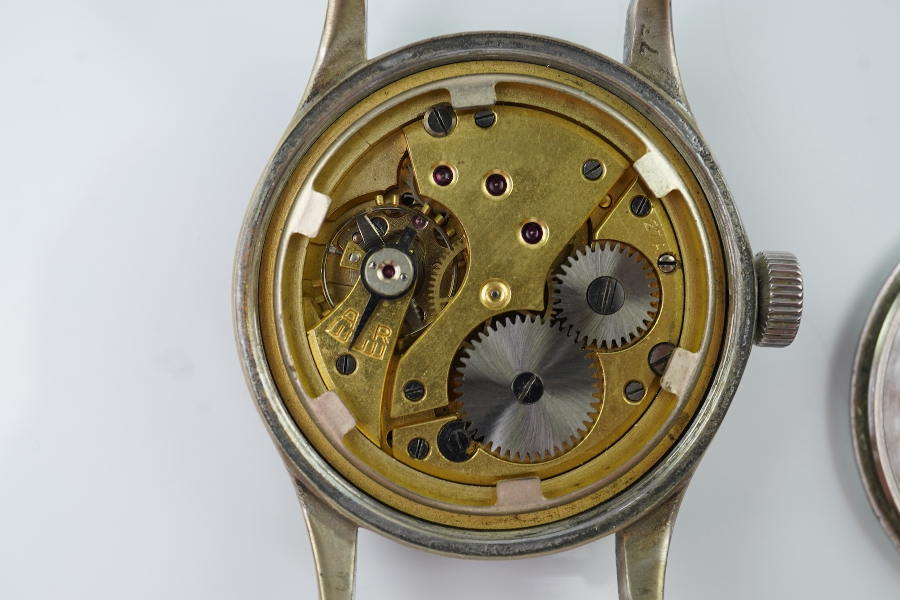 A gentleman's chrome cased Lemania WWW British military 'Dirty Dozen' manual wind wrist watch, circa 1945